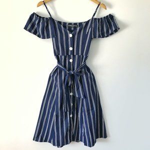 Navy Blue and White Striped Romper Dress